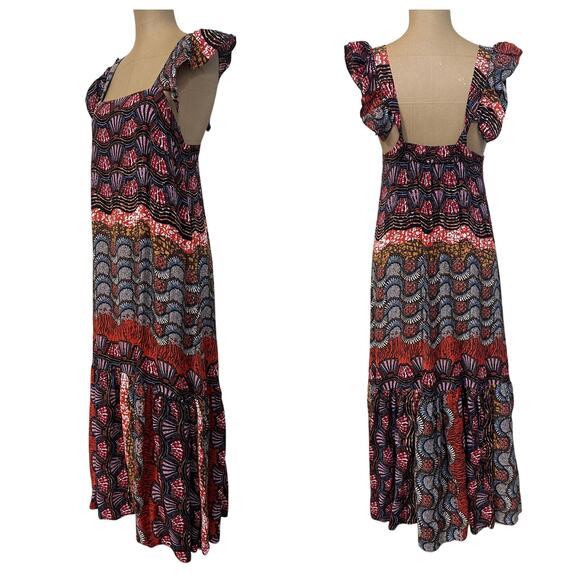 Corey Lynn Calter Midi Dress Size Small Boho Red Abstract Doriane Tiered - Picture 4 of 7